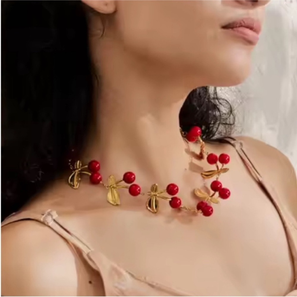 Cherry Design Gold and Red Beaded Stainless Steel Necklace - Picture 3 of 11